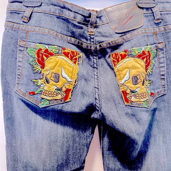 Ed Hardy Denim - Ed Hardy Blue Jeans Embroidered with Skulls Dungarees